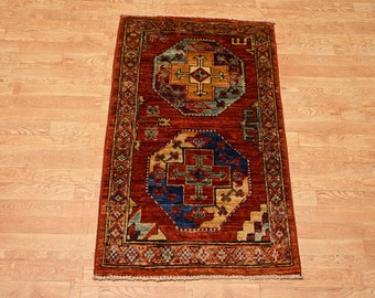 2x3 Red Ersari Rug: Afghan Hand-Knotted Wool Accent Rug