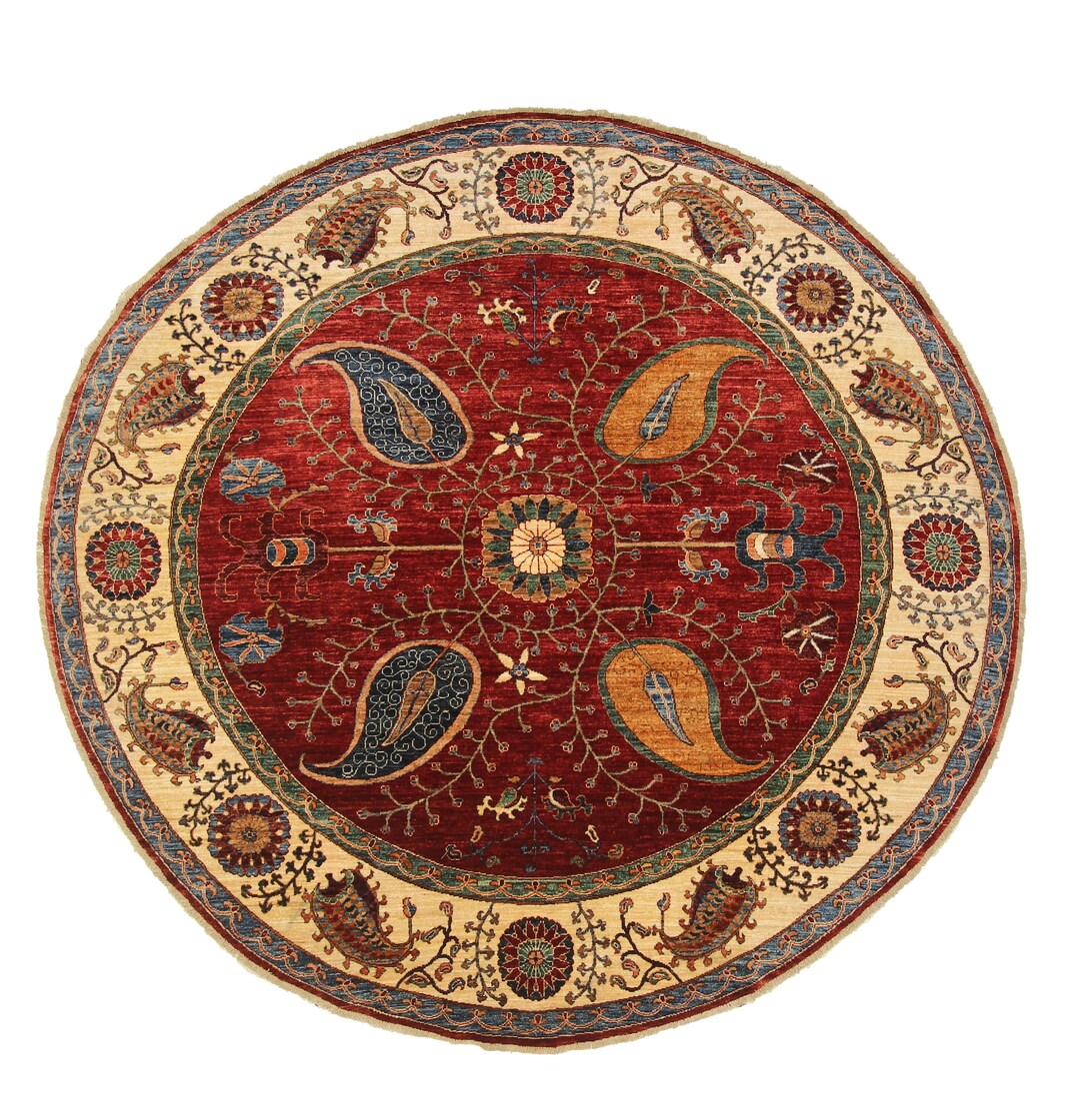 8x8 Round Area Rug Red Beige Afghan Hand Knotted Dye Wool Etsy