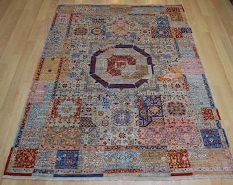 5x7 ft Blue Mamluk Rug: Turkish Style Hand Knotted Wool Medallion Rug