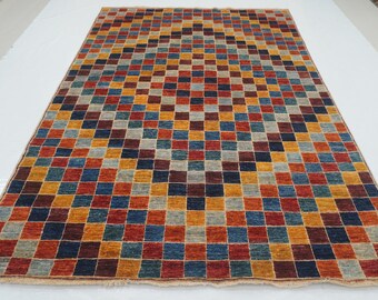 Checkered Gabbeh Area Rug: Hand-Knotted Afghan Wool (6'6"x9'4")