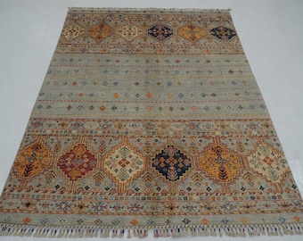 4&#39;9x6&#39;4 Soft Gray Tribal Area Rug - Gabbeh Afghan Hand Knotted wool Geometric Rug - Rugs for Living room - Bedroom rug - 5x6 Rug