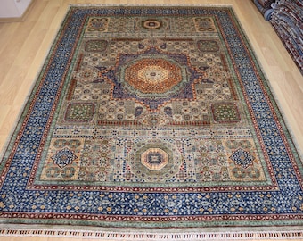 7x9 ft Taupe Gray Mamluk Rug: Turkish Style Hand Knotted Wool Medallion Rug