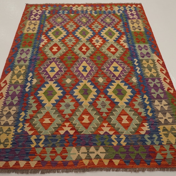 5x7 Maimana Kilim Rug - Red Blue Boho Afghan Hand woven flat weave Wool Area Rug - Rugs for bedroom - rugs for living room - Reversible Rug