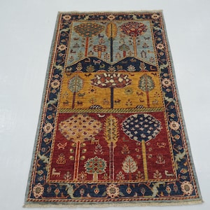 3x5 Blue Tree Gabbeh Rug - Tree of life Afghan Hand knotted wool Veg dyes Area Rug - Rugs for Living room - Bedroom rug - 3&#39;x5&#39;