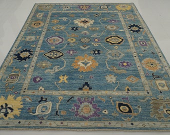 Alfombra Oushak de 8x10: lana anudada a mano, azul pastel apagado, lavado vintage