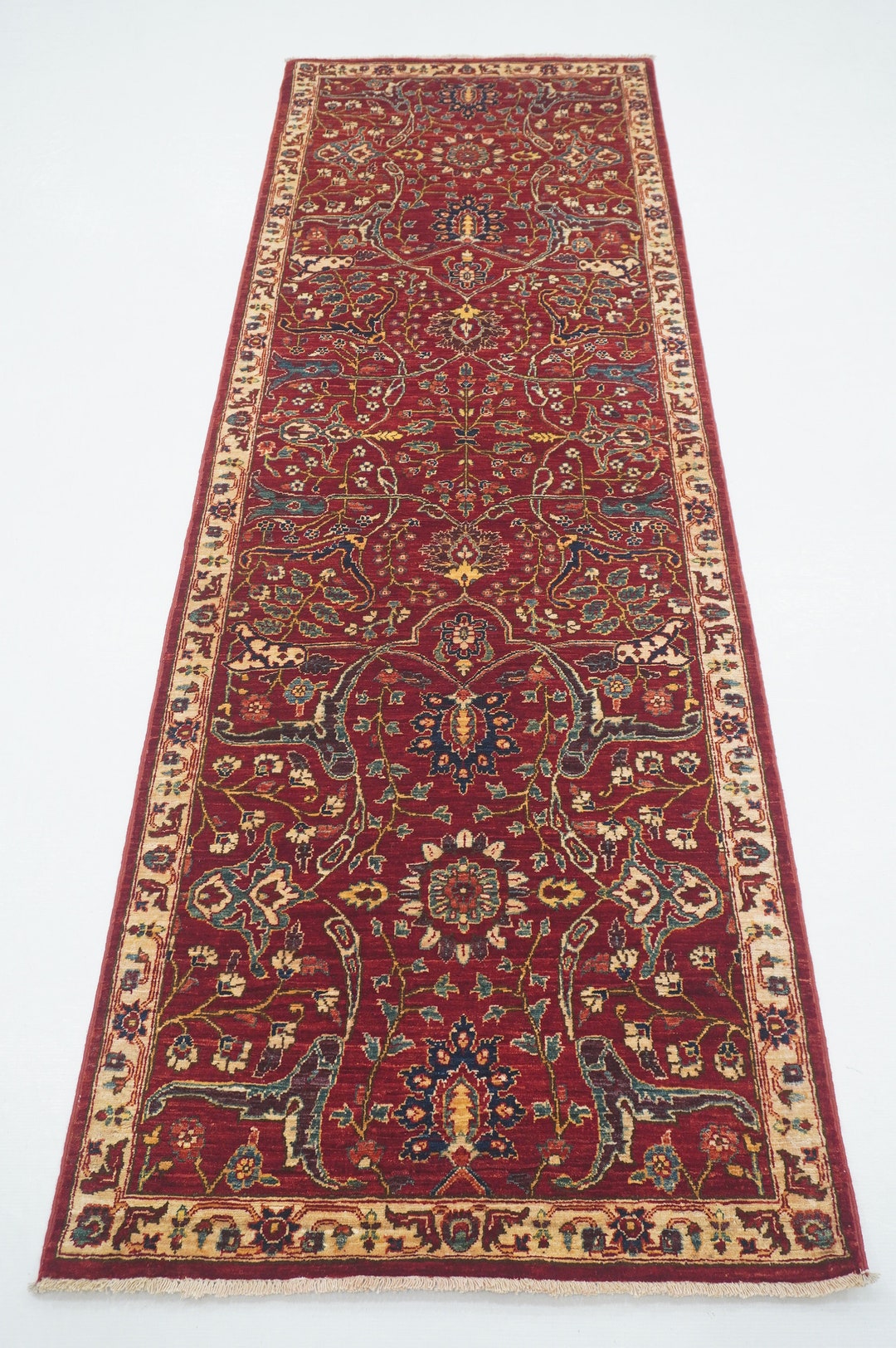 Hand Knotted Afghan Runner Rug: Deep Red Wool, Veg Dye (2'7