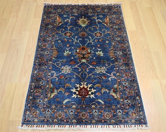 3x5 Blue Afghan Waziri Rug: Hand-Knotted Wool Oriental Carpet