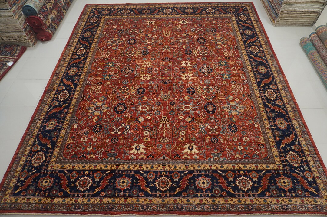 14x16 Palace Size Heriz Rug Red Navy Blue Afghan Hand Knotted Wool Veg ...