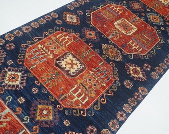 4x13 Hand Knotted Wool Runner Rug: Navy Blue Afghan Kazak Design