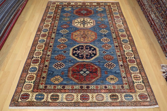 6x8 Kazak Area Rug Tappeto in lana fatto a mano afgano in stile caucasico  blu Tappeti per soggiorno Tappeto camera da letto Tappeto tavolo da pranzo Tappeto  ufficio -  Italia