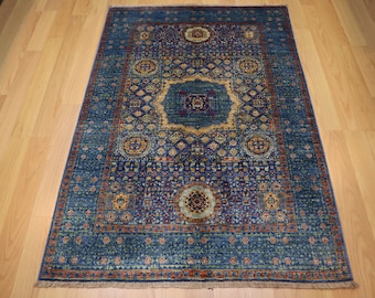 Alfombra Mameluca Azul Oscuro de 3x5: Alfombra Medallón de Lana Anudada a Mano