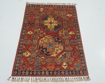 3x4 Red Ersari Rug: Hand Knotted Afghan Wool Oriental Rug 2'8"x3'11"