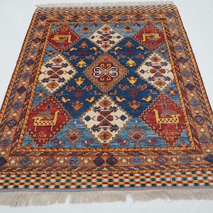 5x7 Blue Shirvan Area Rug - Afghan Hand knotted Veg dyes Wool Geometric Rug - Rugs for Living Room - Rug for Bedroom - Tribal rug