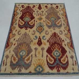3x5 Beige Ikat Area Rug - Afghan Hand Knotted wool Boho Rug - Bedroom rug - Rugs Living Room - Entryway rug - Beige carpets - Small Area Rug