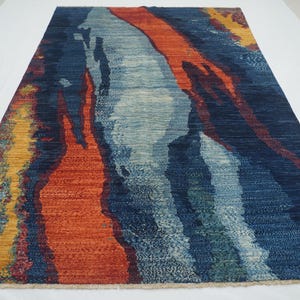 7x10 Navy Blue Modern Area Rug - Afghan knotted wool Veg dyes Contemporary abstract rug Rugs for Living room - Bedroom rug - 6&#39;5&quot;x9&#39;6&quot;