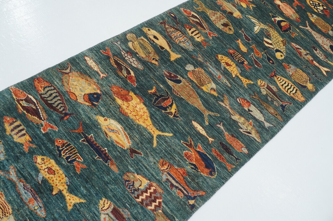 12 Ft Green Fish Runner Rug Gabbeh Afghan Hand Knotted Veg Dyes