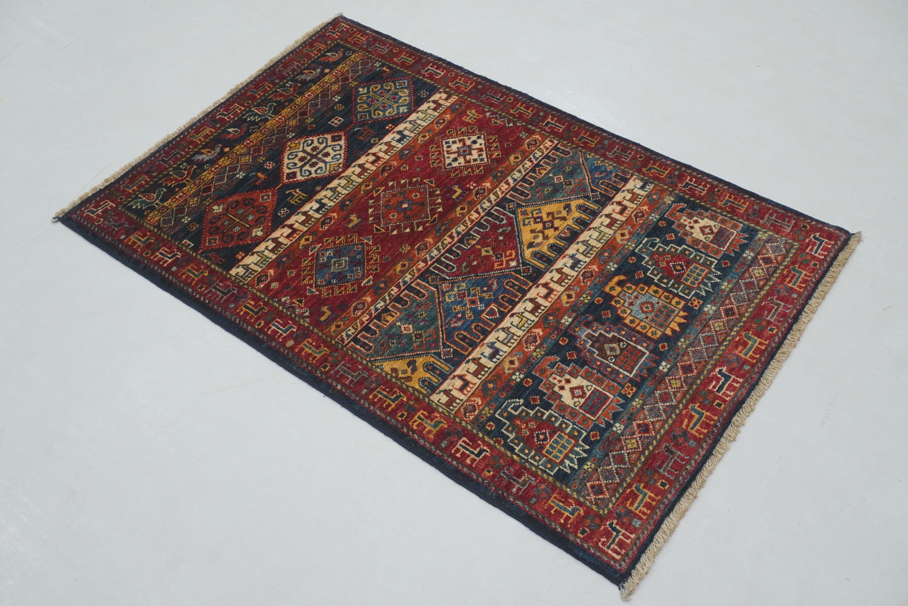 Hand Knotted Afghan Gabbeh Rug – Navy Blue Wool Tribal Rug, 2'8x4 ...
