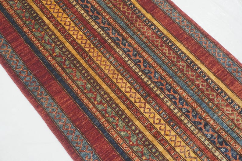 Może przedstawiać: Prostokątny dywan ze wzorem w paski w odcieniach czerwieni, ż&oacute;łci, niebieskiego i zieleni. Dywan posiada geometryczne wzory i teksturowaną powierzchnię, odpowiedni do dekoracji wnętrz.