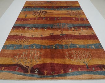 7x10 Red Orange Gabbeh Rug: Afghan Hand-Knotted Wool Tribal Rug