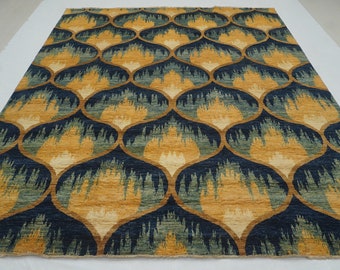 8 x 10 Afghaans ikat-vloerkleed: handgeknoopte wol, groen en blauw