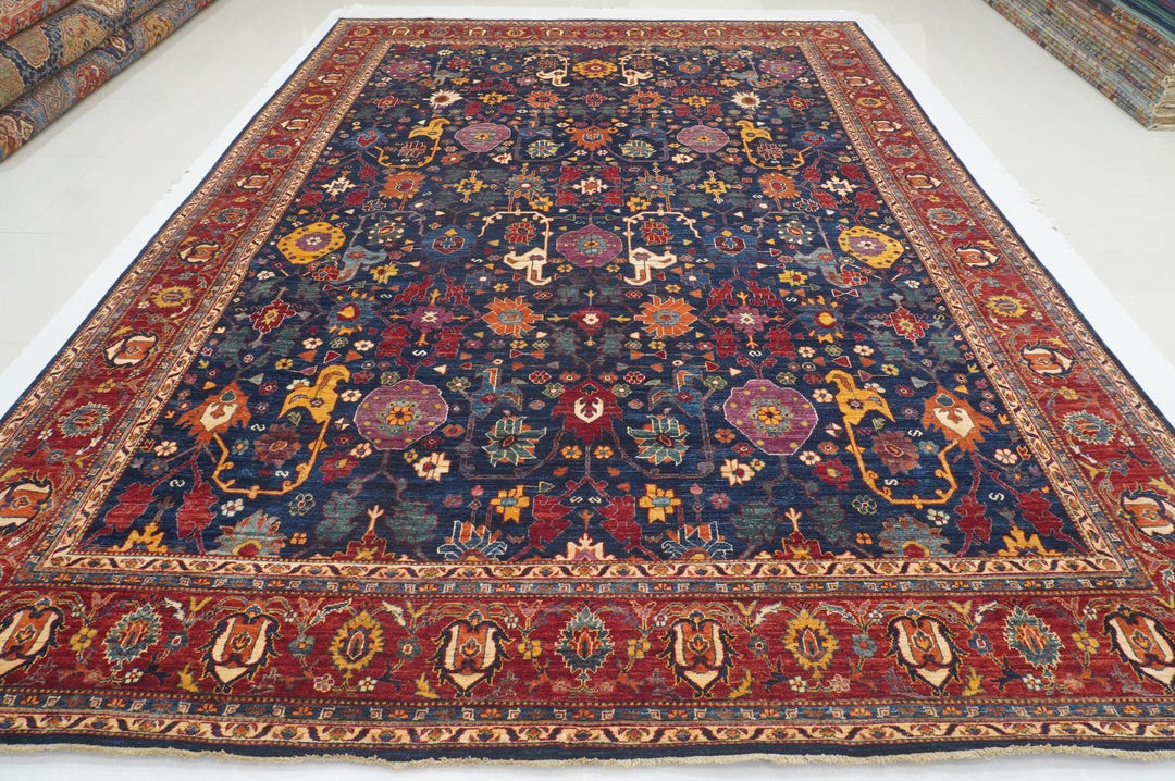Hand Knotted Afghan Rug: Navy Blue Wool Oriental Rug (9'8