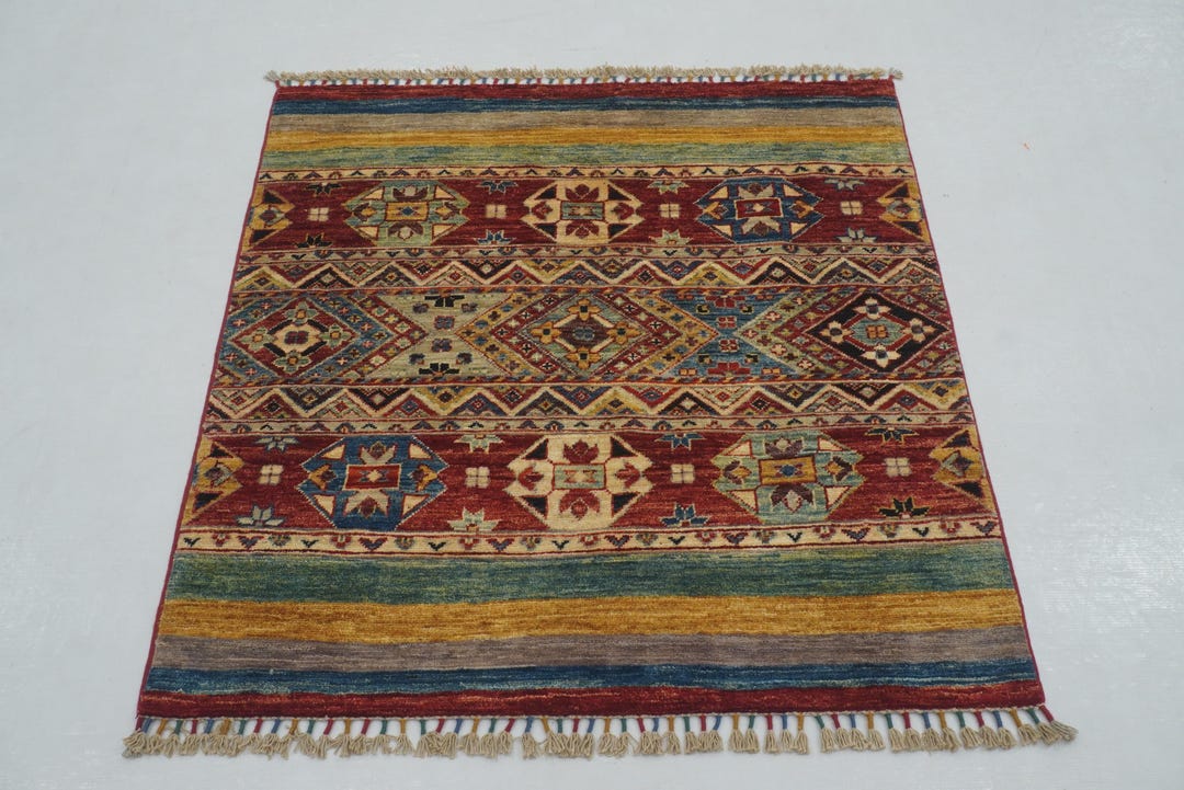 3x3 Red Tribal Square Rug - Afghan Hand Knotted Wool Veg Dyes Carpet ...