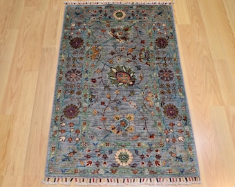 3x4 Blueish Gray Waziri Rug: Afghan Hand Knotted Wool Oriental Rug