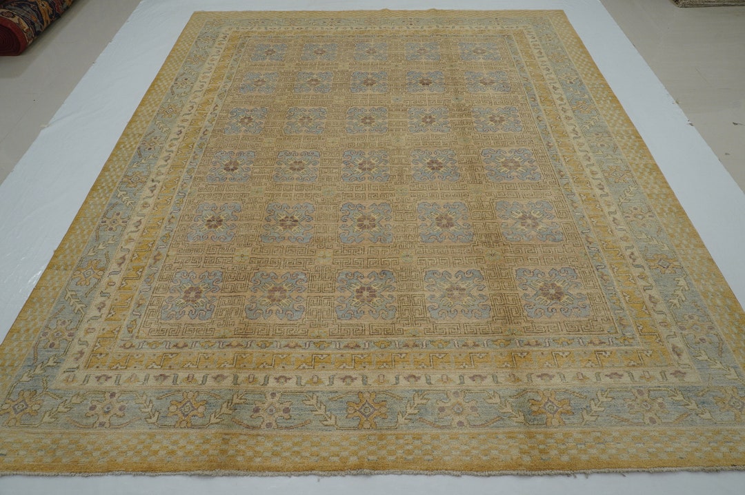 8x10 Beige Vintage Khotan Area Rug - Soft Muted Afghan Hand knotted Veg dyes Wool Geometric Rug - Bedroom Rug - Rugs for Living Room