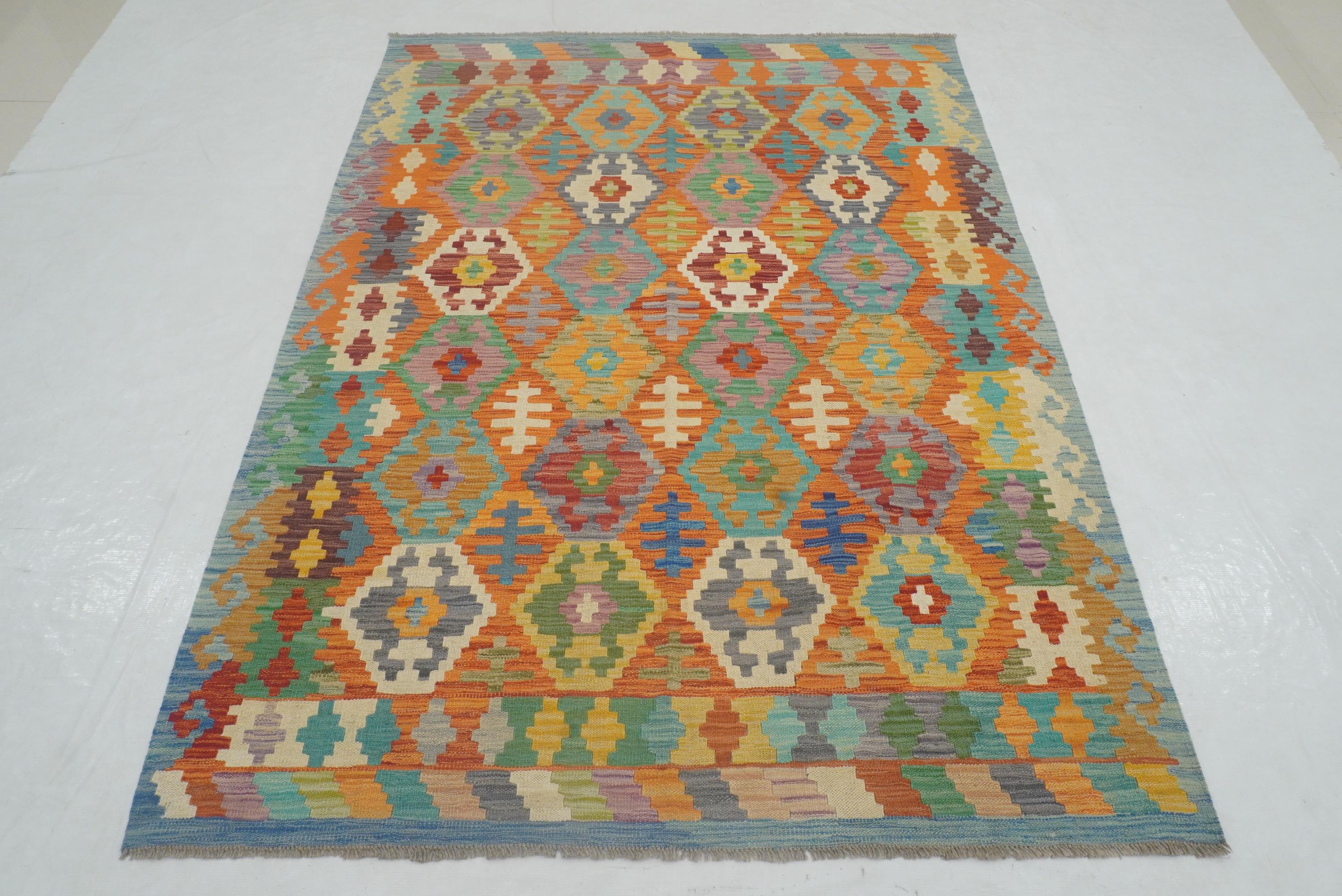 Afghan Kilim Rug: Orange Blue Geometric Wool, 5x6'9