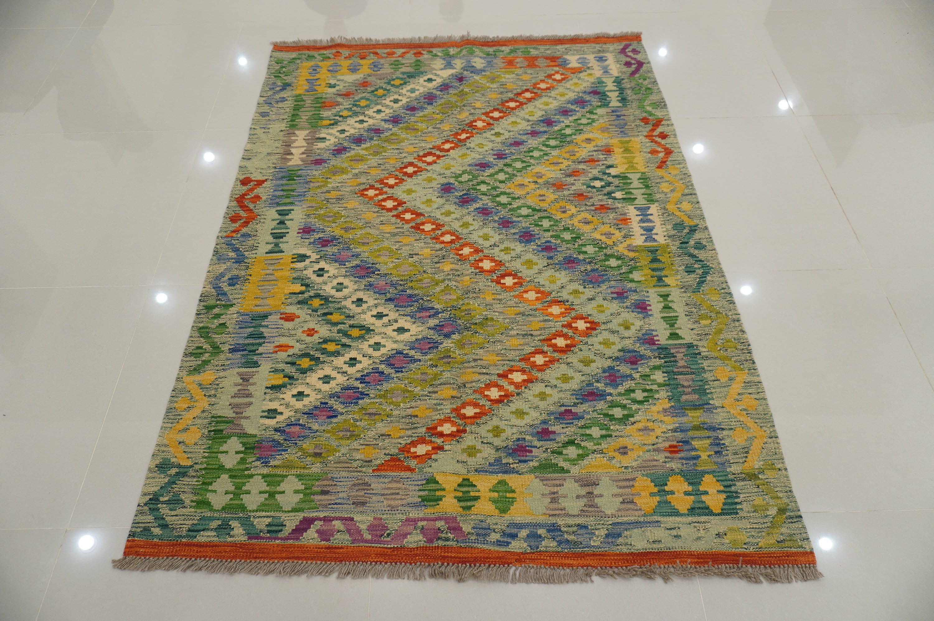 4x6 アフガンキリムラグ：幾何学模様のハンドメイドウールエリアラグ