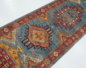 10 ft Blue Malayer Runner Rug - Persian Style Afghan hand knotted Organic Dyes Wool Oriental Runner Rug - Hallway Runner - Kitchen runner