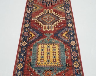 Hand Knotted Afghan Wool Runner Rug: Red Malayer Hallway Carpet (2'8"x9'6")