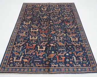 Navy Blue Afghan Animal Gabbeh Rug: Hand Knotted Wool, 5x6.7