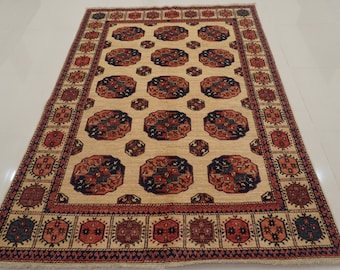 Vintage Beige Turkmen Rug: Hand-Knotted Afghan Wool, Tribal Design (5.4x7.6 ft)