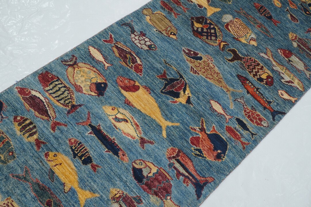 10 Ft Blue Fish Runner Rug Gabbeh Afghan Hand Knotted Veg Dyes Wool ...