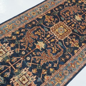 13 ft Heriz Runner Rug - Navy Blue Traditional Afghan Hand knotted Natural dyes wool Oriental runner rug - Entryway runner - Hallway runner