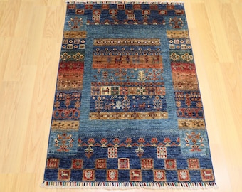 3x4 Blue Gabbeh Rug: Afghan Hand Knotted Wool Tribal Rug