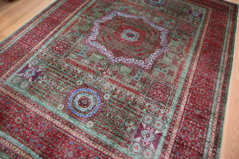 6x8 Green Mamluk Area Rug Turkish Hand Knotted Veg Dye Wool Geometric