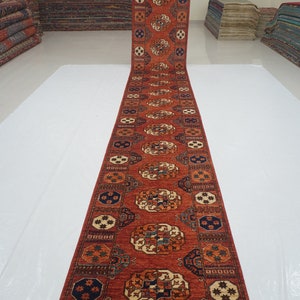 19 ft Red Tekke Runner Rug - Turkmen Afghan Hand knotted Veg dye Wool Tribal Extra Long runner Rug - Long Hallway runner - 2&#39;10x19&#39;2