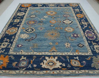 Alfombra Oushak de 8x10: lana afgana anudada a mano, lavado vintage azul apagado
