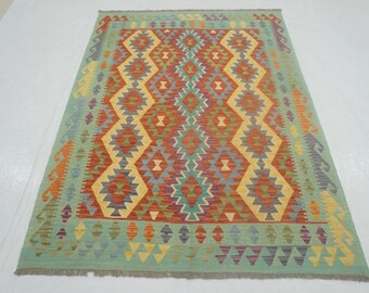 Afghan Kilim Rug: Blue Orange Geometric Wool, 5x7 Handmade