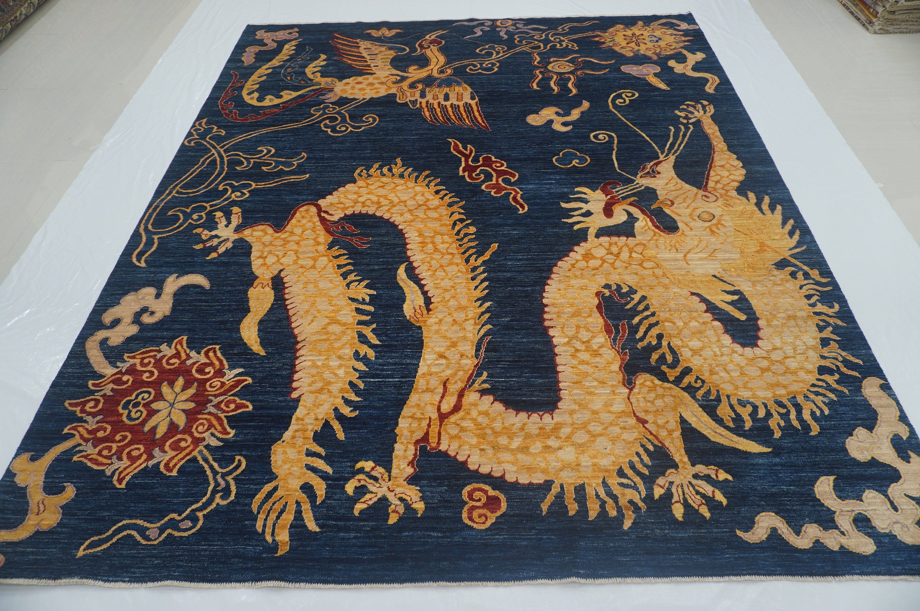 8x10 Dragon Phoenix Area Rug - Navy Blue Chinese Style Hand knotted Veg Dyes Wool Traditional Rug - Rugs for living room