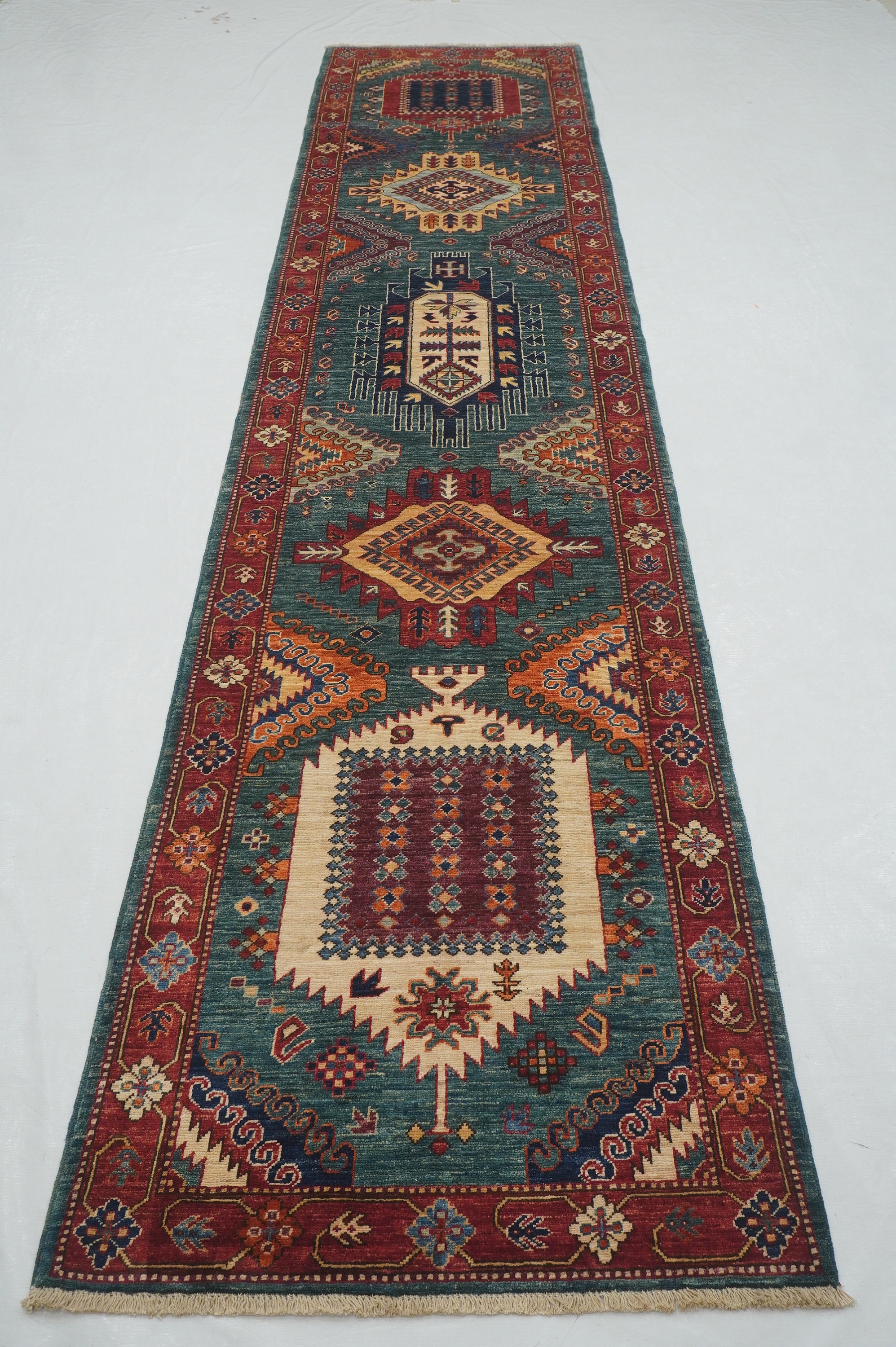 13 Ft Green Malayer Runner Rug - Afghan Persian Style hand knotted All Natural Dyes Wool Runner Rug - Hallway Runner Rug Kitchen runner