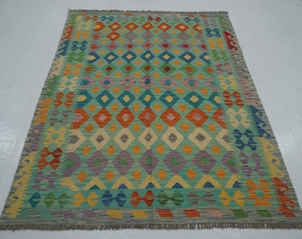 Blue Afghan Kilim Rug – 5x7 Geometric Wool, Handmade