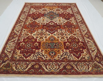 Hand Knotted Afghan Wool Rug: 7x10 Red Beige Farahan Design