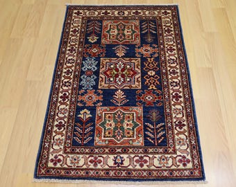 3x4 ft Navy Blue Kazak Area Rug: Afghan Hand-Knotted Wool Geometric Rug