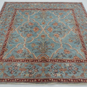 7x7 Blue Square Area Rug - Super Fine Quality Afghan Hand knotted FERAHI Wool Veg dye Square Rug - Rugs for Living room - Bedroom rug