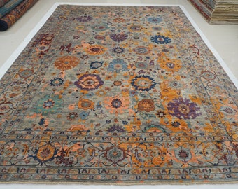 10x14 Afghan  Rug: Hand-Knotted Wool, Gray Muted Floral