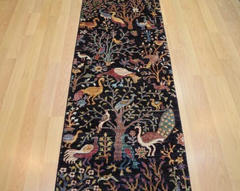 Dywan Gabbeh Runner Afgan 16 stóp: czarny, ręcznie wiązany, wełniany, z motywem ptaków