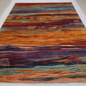 9x12 Gabbeh Area Rug - Hazy sunset landscape trees Persian Style Hand knotted Organic Dyes Wool Rug - Rugs for living room - Bedroom rug